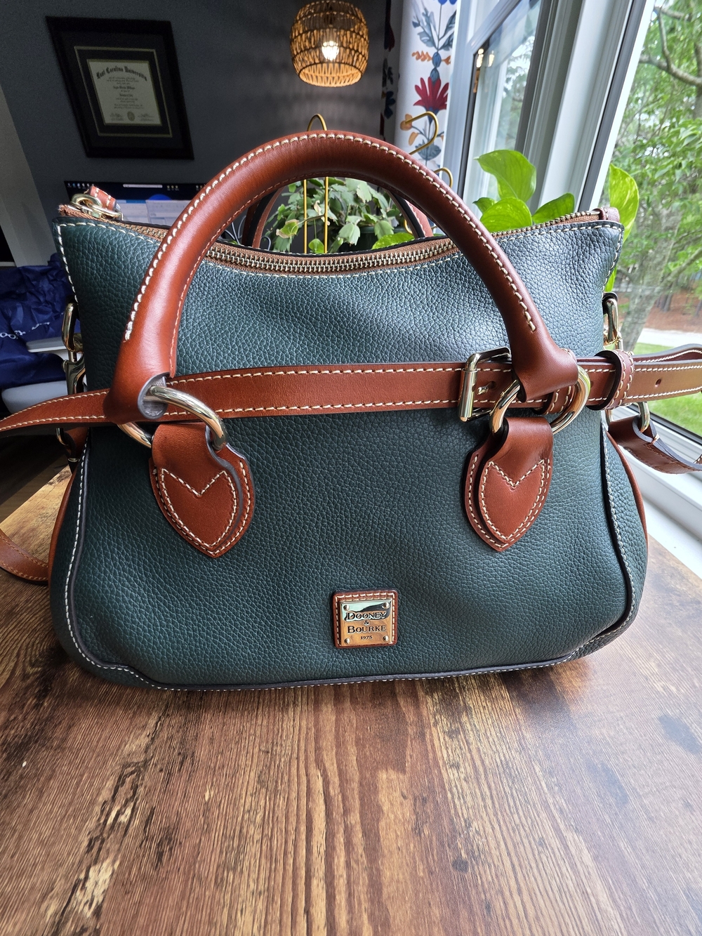 Dooney & Bourke Dark Green Pebbled Leather Satchel with Brown Trim